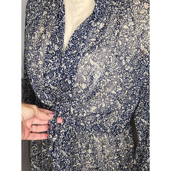 Chin Studio Sheer tunic Dress Blue and Cream with Drawstring Cinch Waist Size Sm - Picture 1 of 14